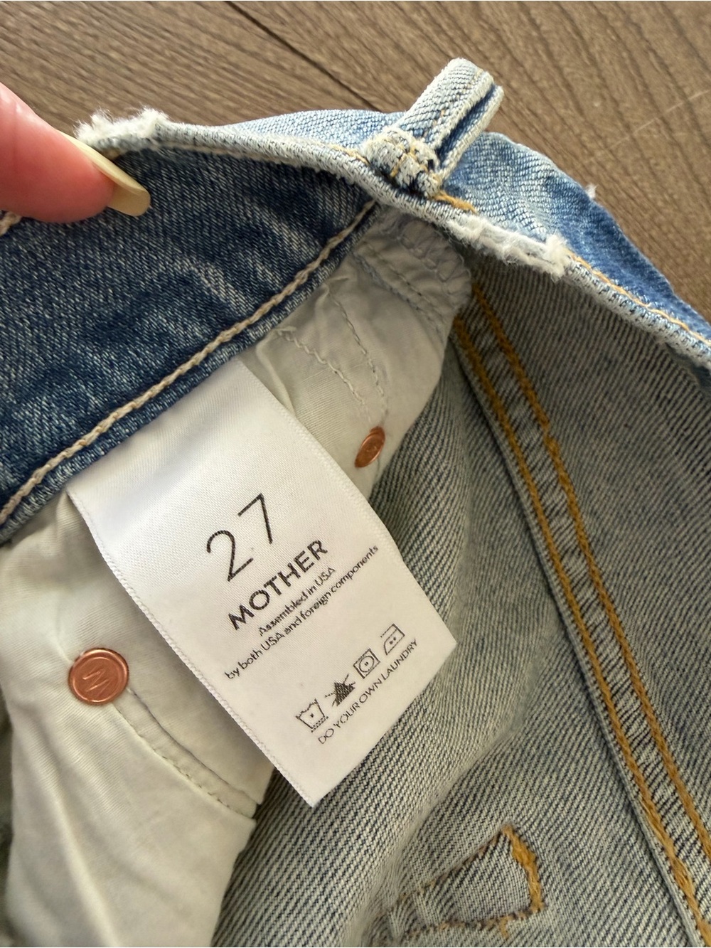 MOTHER Light Wash Distressed Denim Shorts with Colorful Pocket Trim - Picture 3 of 3